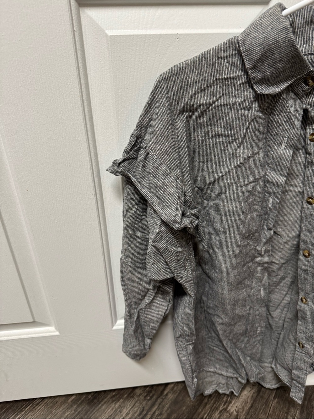 Gray Ruffle Sleeve Button Front Blouse - Picture 2 of 3